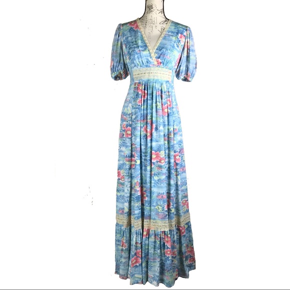 Vtg Light Blue Long Dress Tropical Tiki Hut 11 - Picture 1 of 8